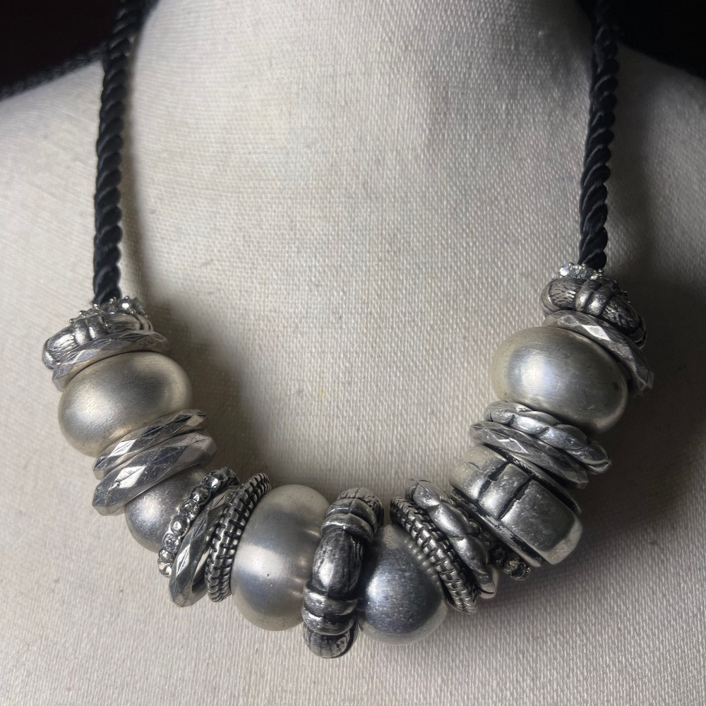 Chico's Black Cord with Large Silver Rhinestone Bead Necklace